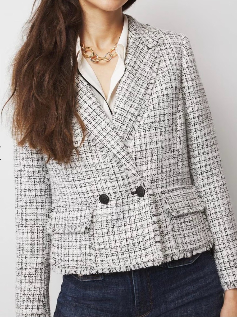 White House Black Market Black White Tweed Fringe Blazer NWT Size 10